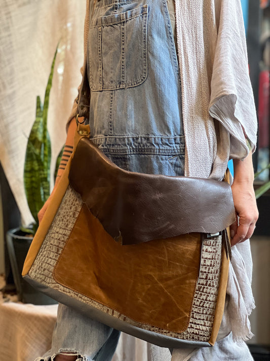 Brown & Gator Embossed Leather Messenger Bag