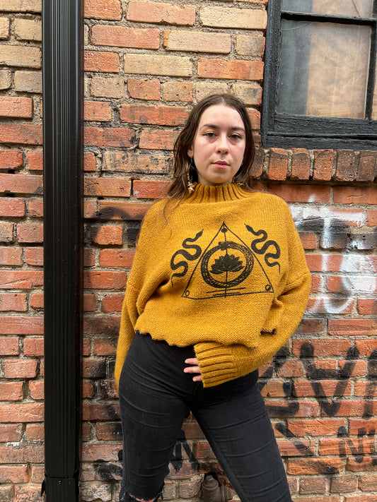 ‘Protection of the Transforming’ Reversible Mustard Cable Knit Sweater (Extra Large)