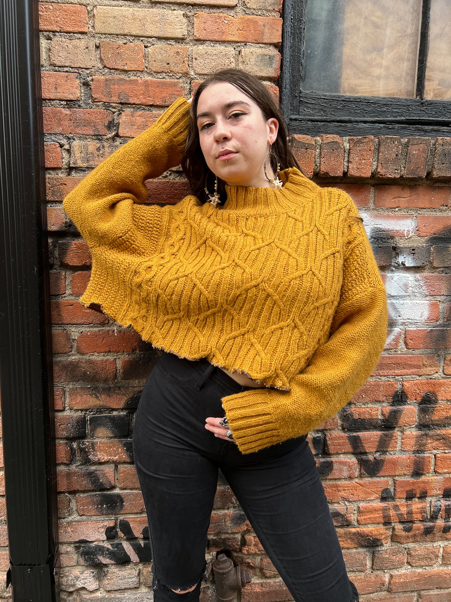 ‘Protection of the Transforming’ Reversible Mustard Cable Knit Sweater (Extra Large)