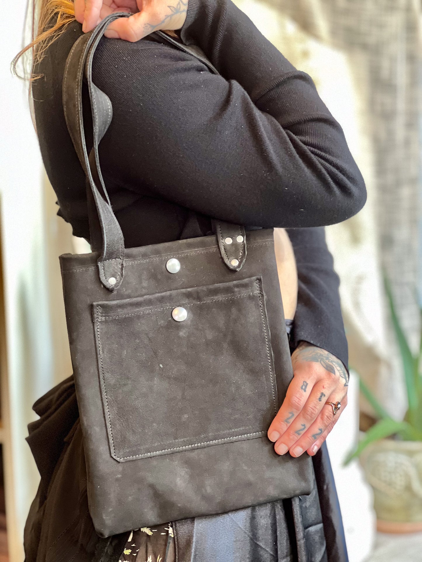 Black Suede Leather Mini Tote