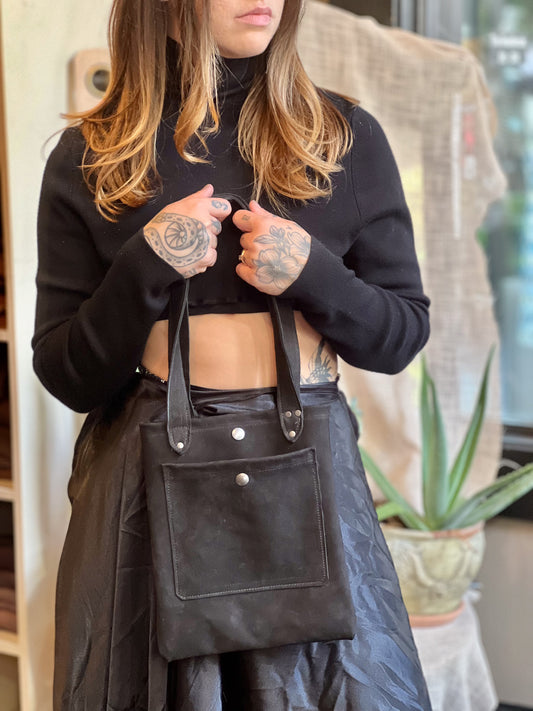 Black Suede Leather Mini Tote
