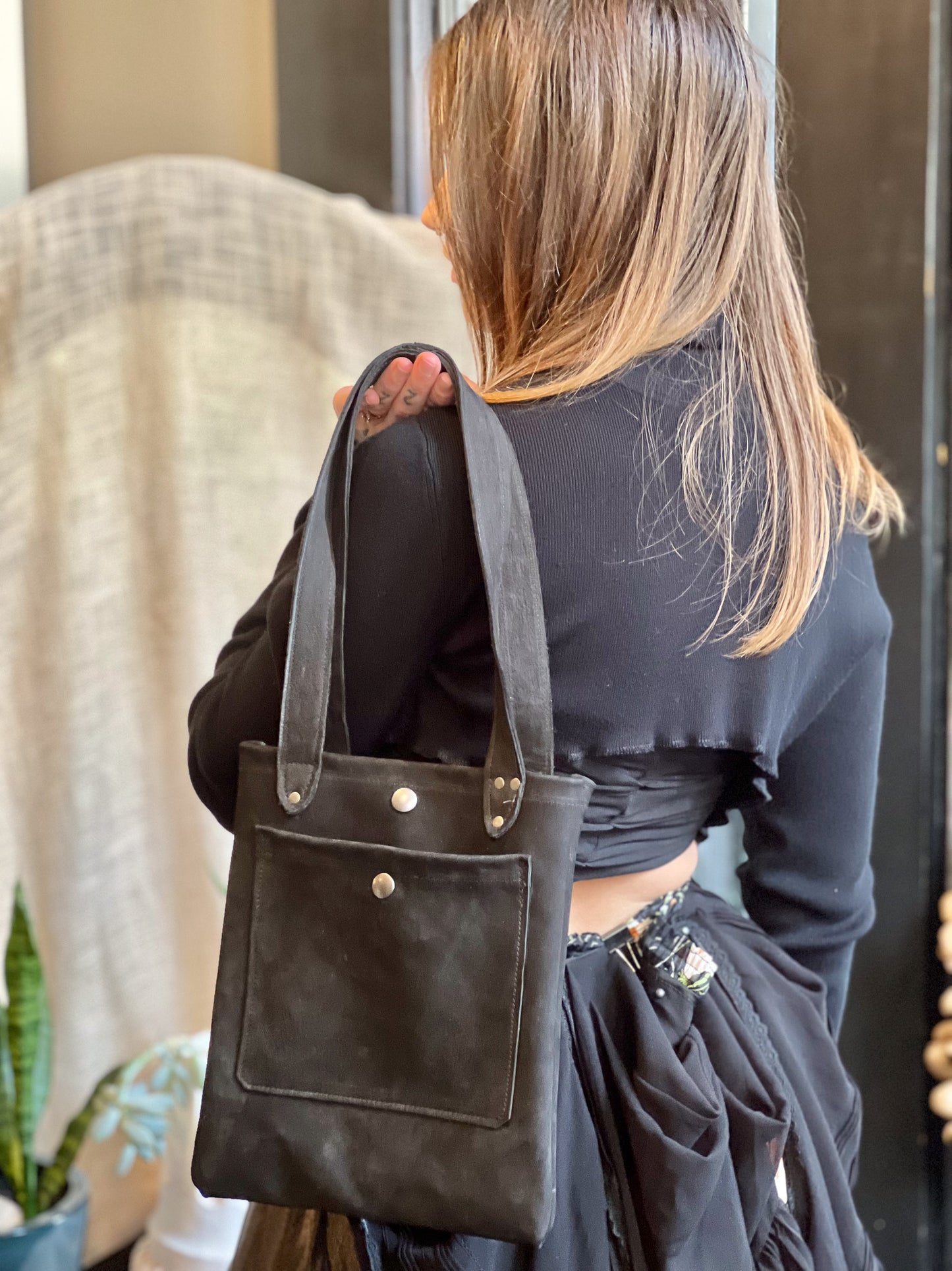 Black Suede Leather Mini Tote