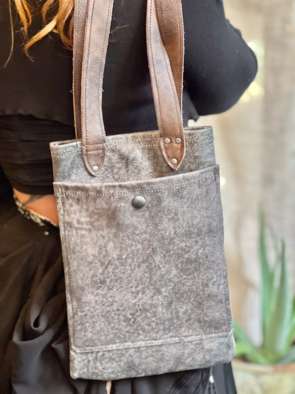 Smokey Grey Leather Mini Tote (Brown Handle)