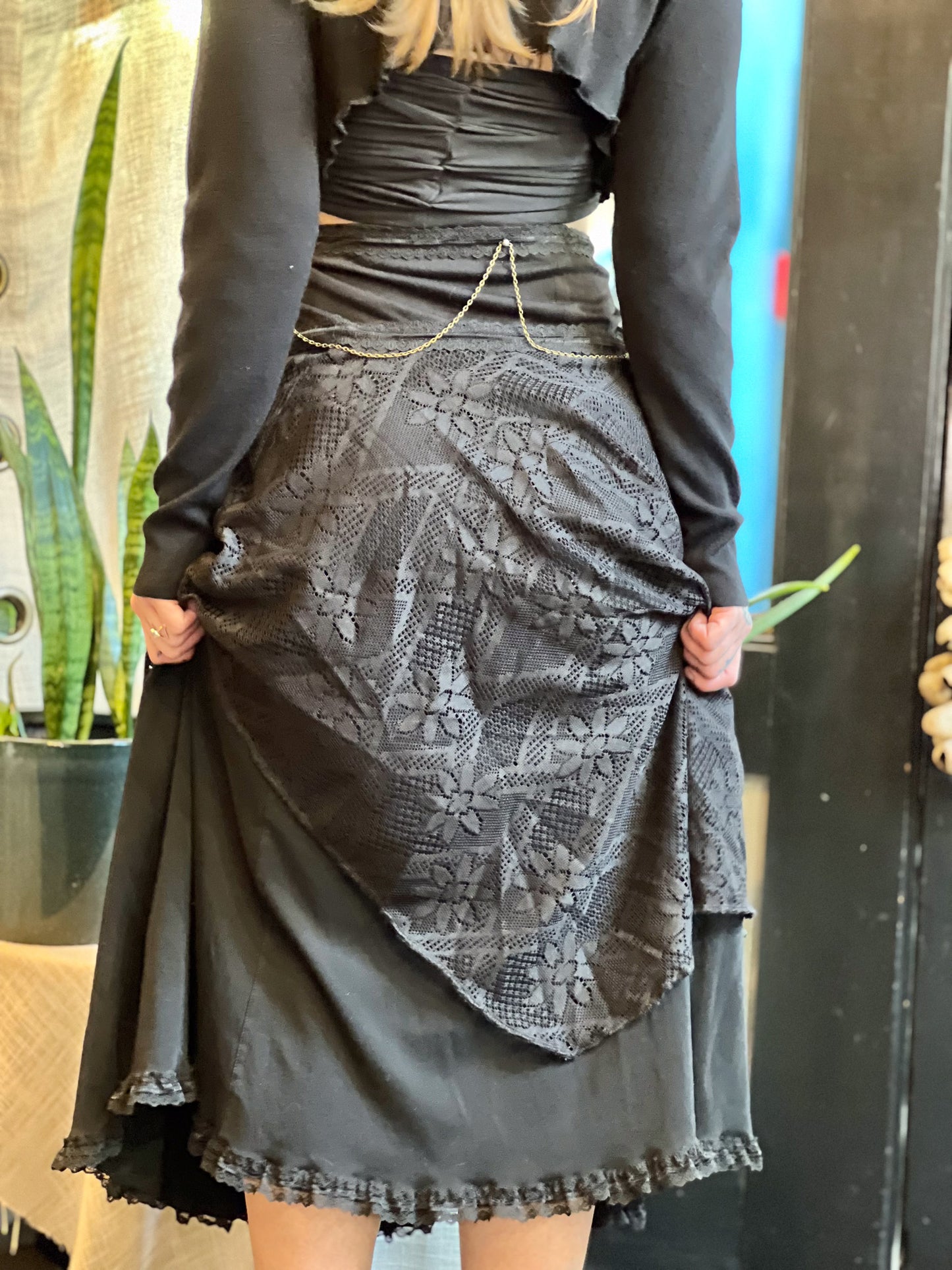 Black Lace & Chain Dark Goddess Skirt