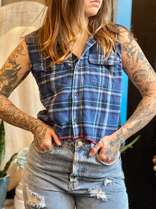 Blue Cropped Plaid Sigil Button Up
