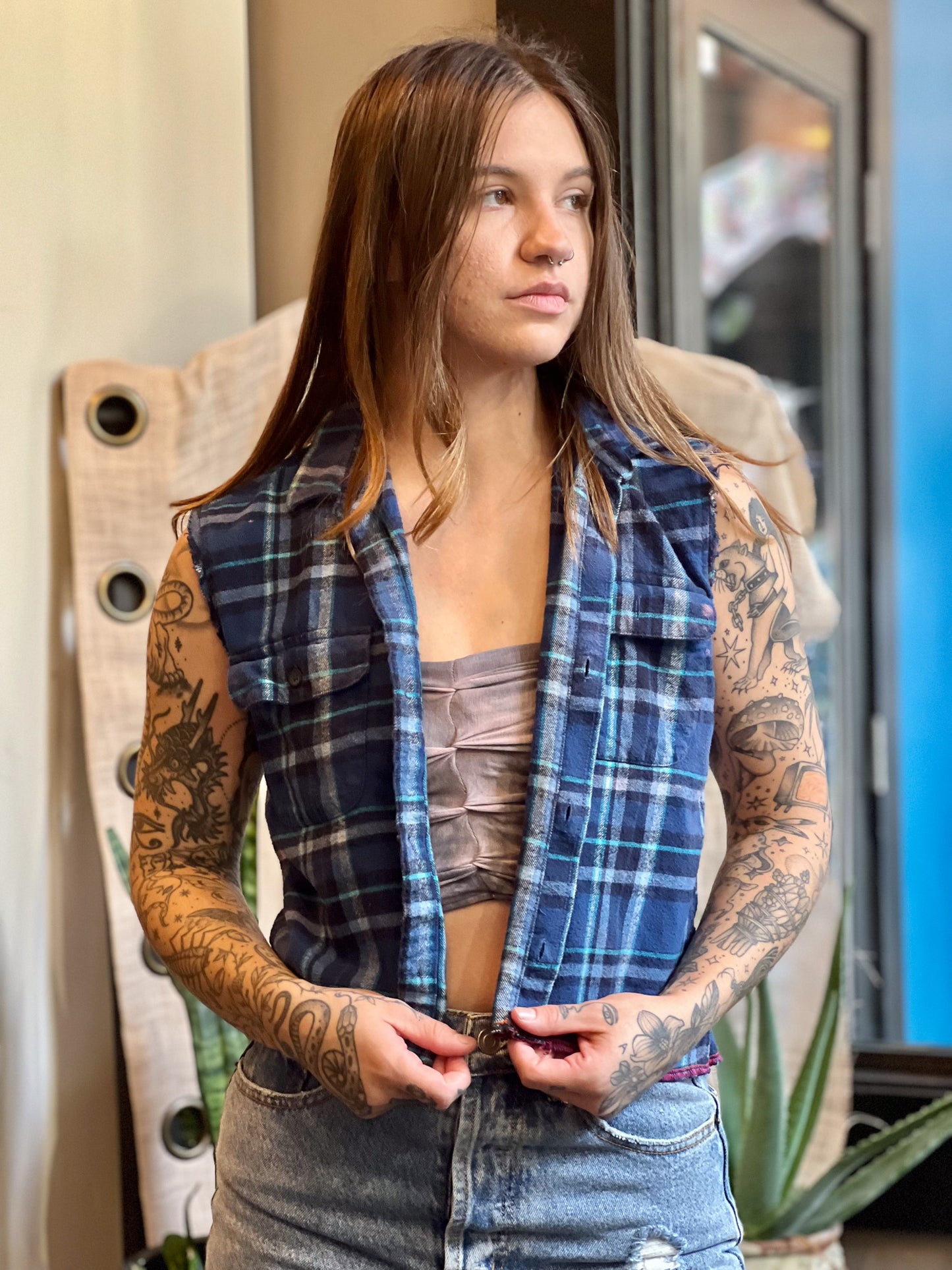 Blue Cropped Plaid Sigil Button Up
