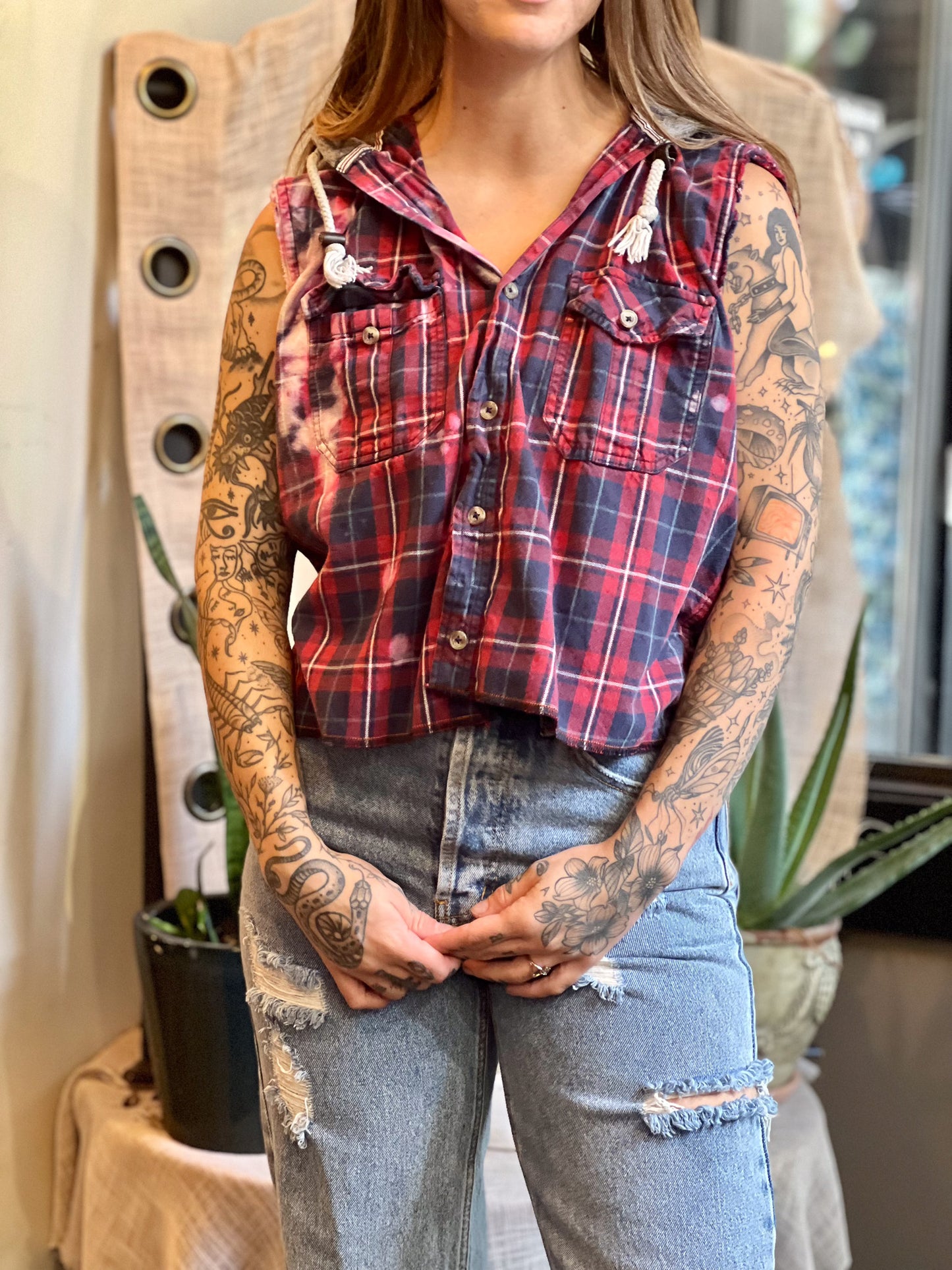 Hooded Red Plaid Sigil Button Up