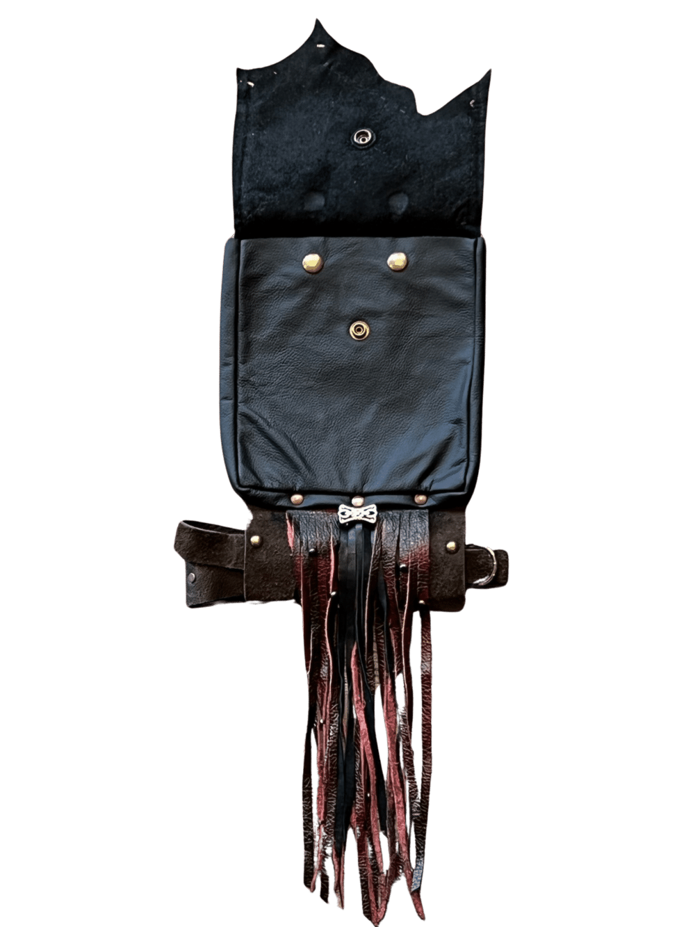 A Black Leather Thigh Bag that slides onto a belt. The bottom strap of the holster wraps around the thigh for support. One big pocket to keep all of your daily essentials.