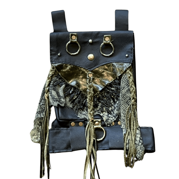 A Black Leather Thigh Holster that slides onto a belt. The bottom strap of the holster wraps around the thigh for support. One big pocket to keep all of your daily essentials.