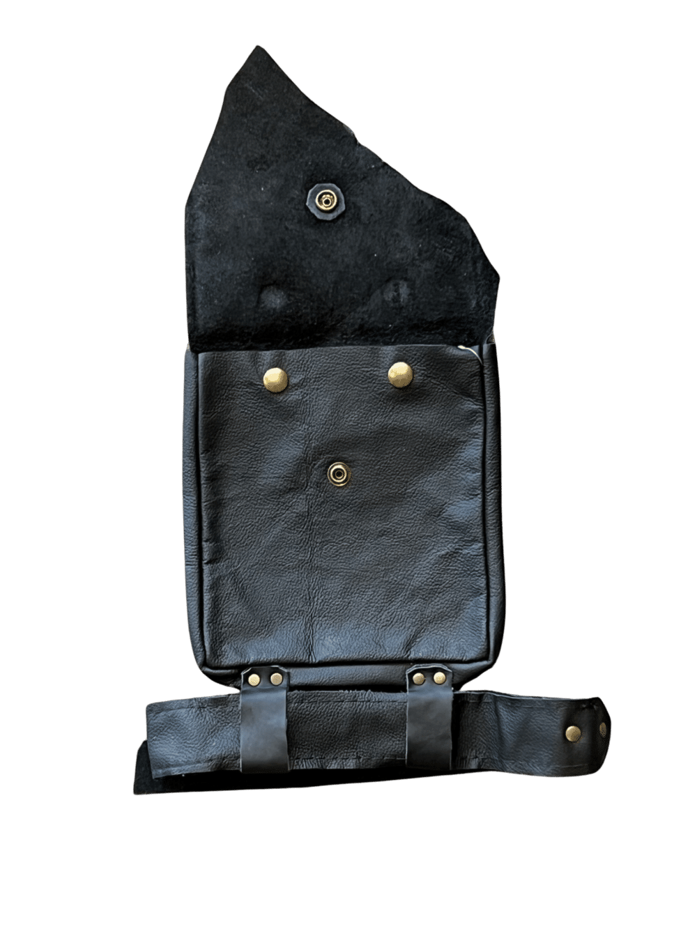 A Leather Unisex Thigh Bag that slides onto a belt, and then wraps around the leg for support. One big pocket to hold all of your daily essentials.