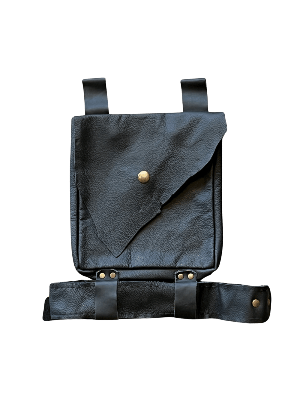 A Leather Unisex Thigh Bag that slides onto a belt, and then wraps around the leg for support. One big pocket to hold all of your daily essentials.