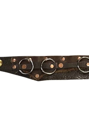 Brown leather wrist armor cuff with silver O-rings and antiqued copper rivets.