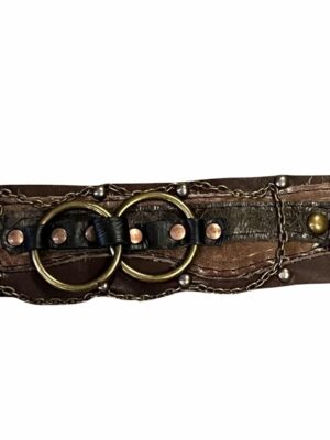 Brown leather wrist armor with assorted metal hardware.